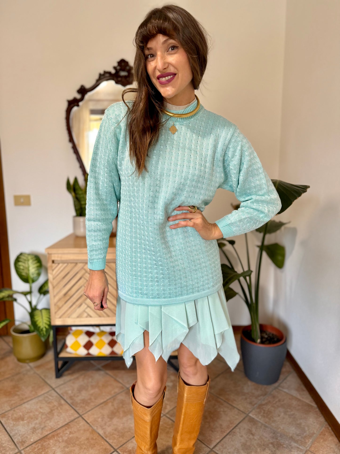 Y2k vintage light turquoise and silver wool blend  cable knit pullover
