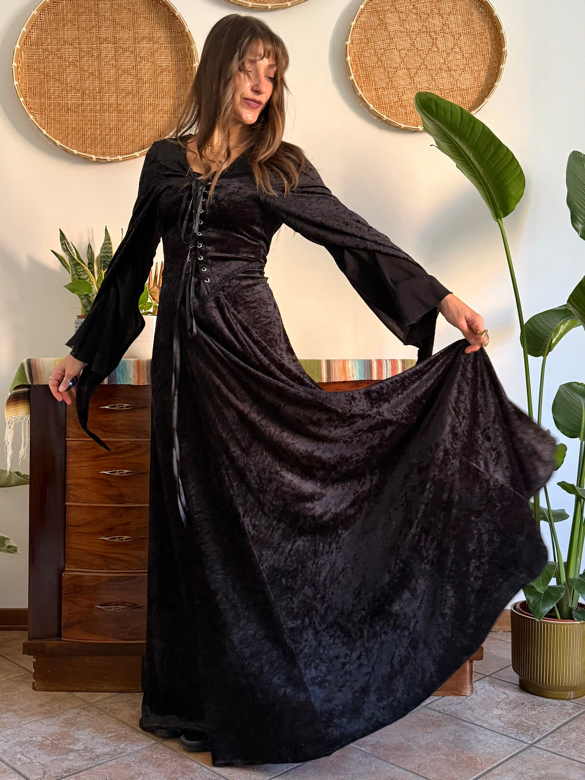 1990’s vintage black lace up bodice gothic velvet maxi dress with bell sleeves
