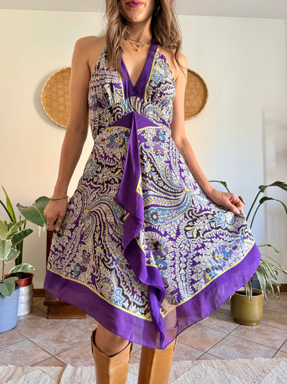 Y2k vintage purple and yellow floral silk halter top midi dress