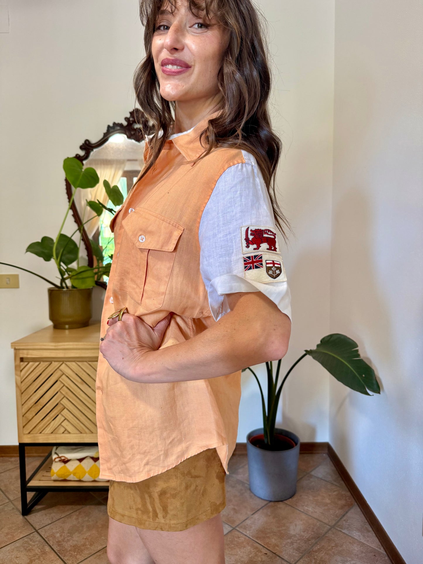 1990’s vintage pastel orange and white linen shirt with patches