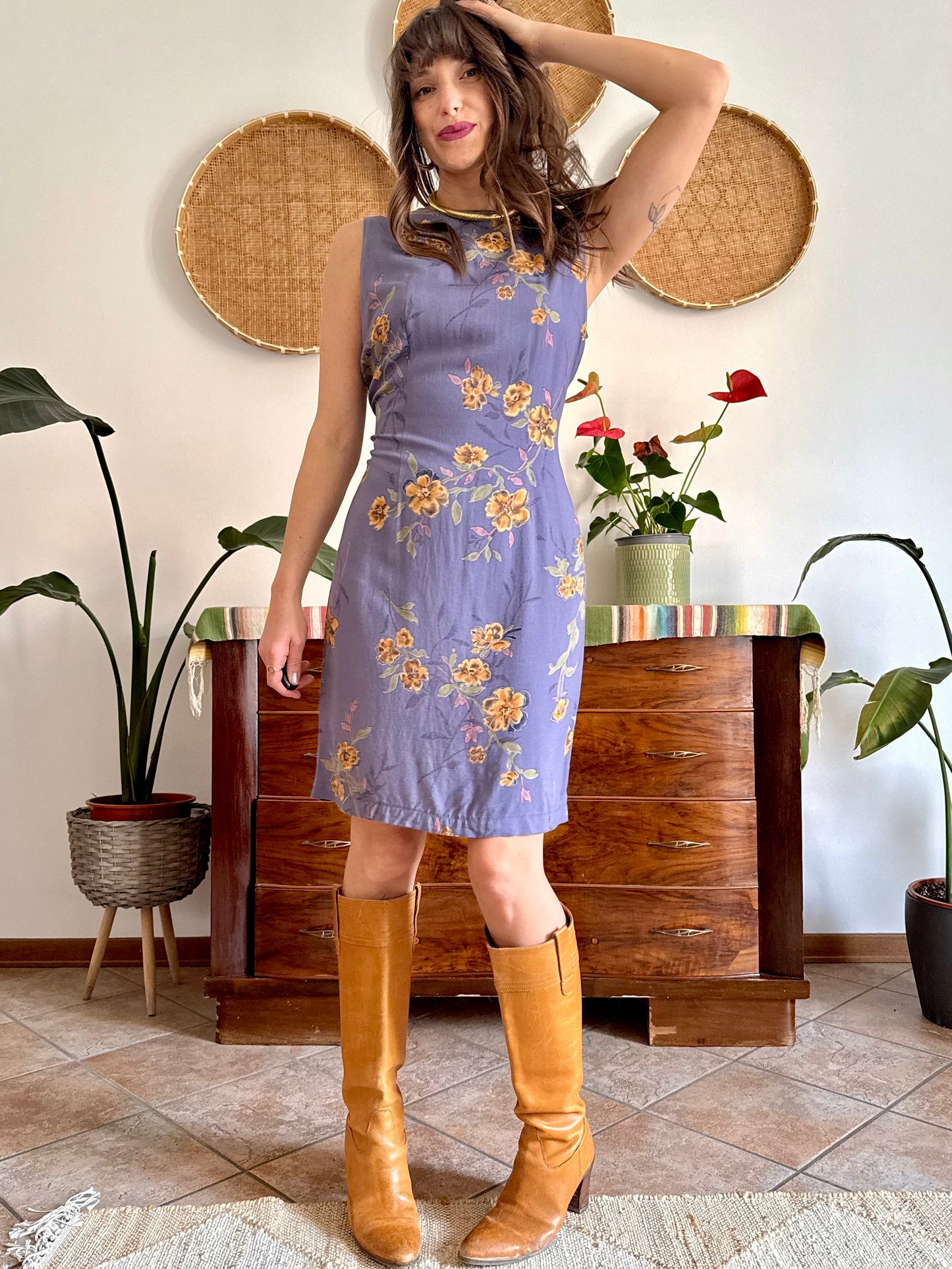 1990’s vintage purple midi shift dress with yellow and orange floral pattern