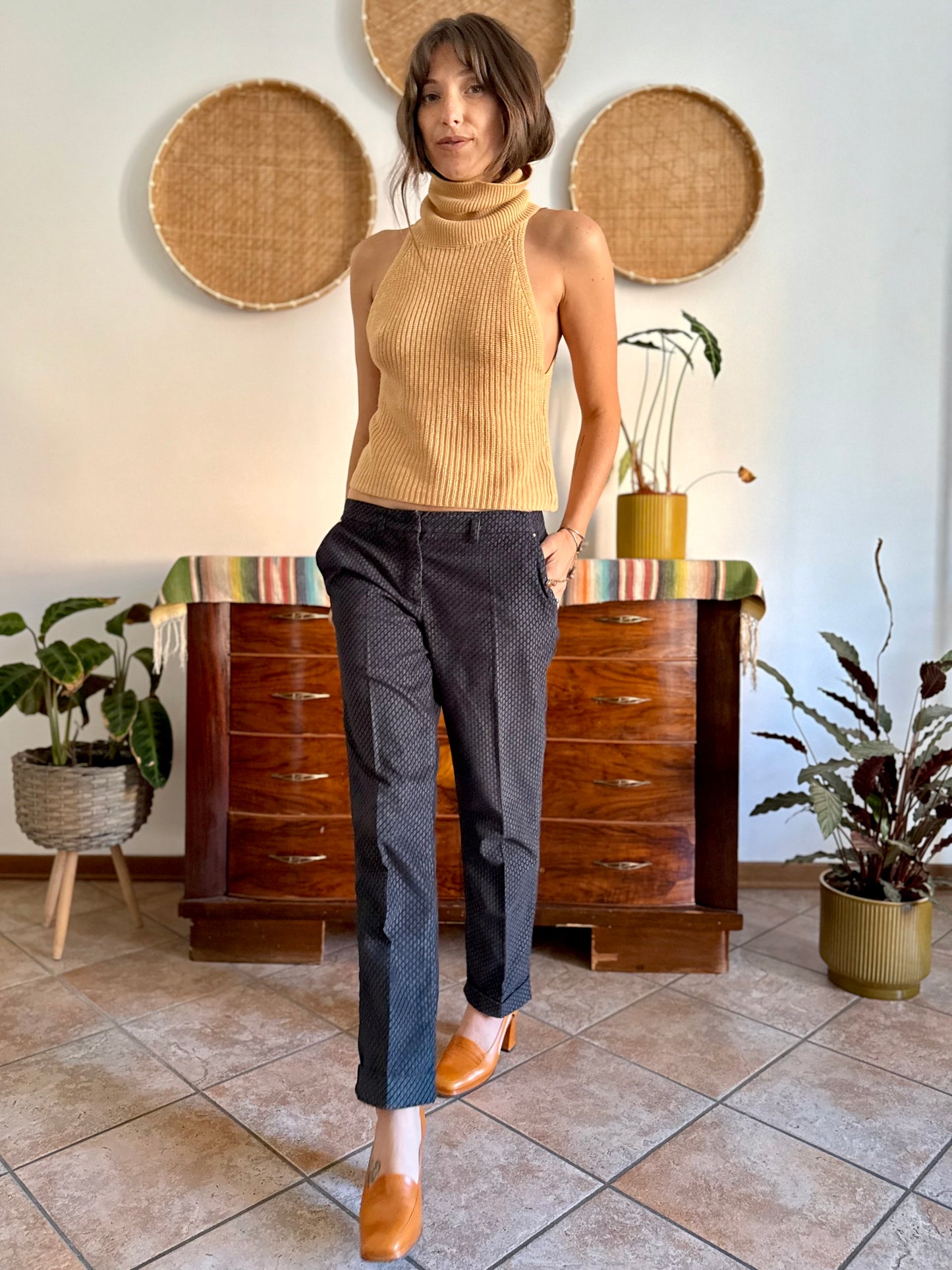 Y2k vintage black and light blue geometric print velvet trousers