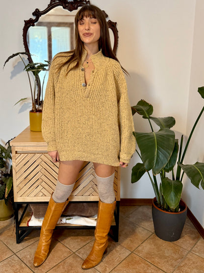 1970's vintage yellow thick knit wool pullover with grey flecks throughout