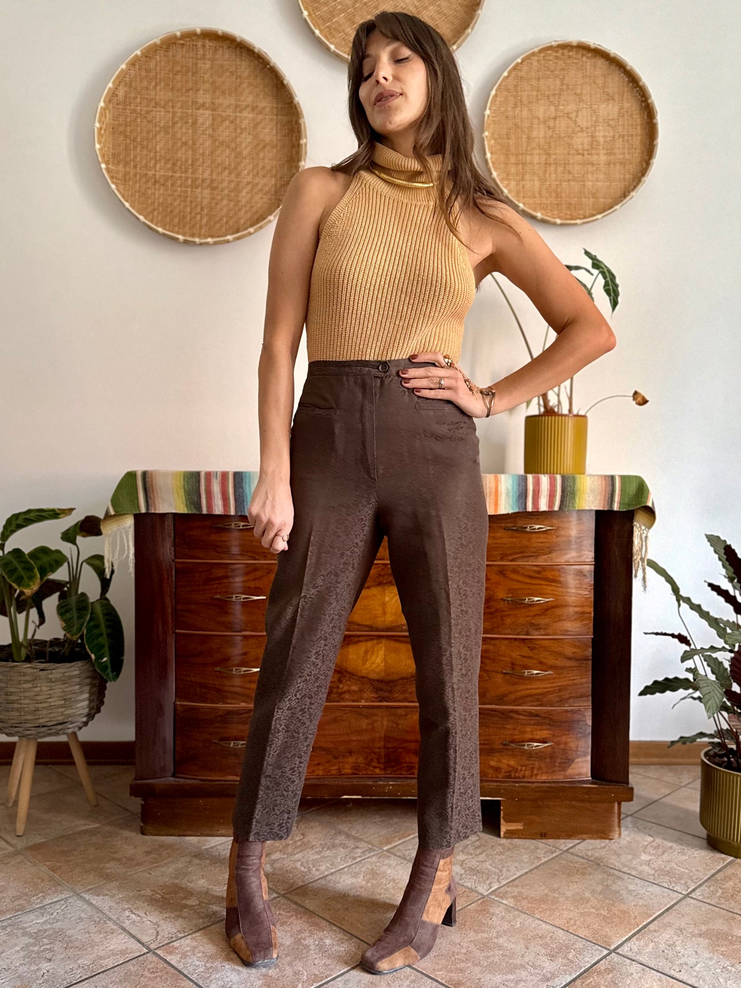 1970's vintage chocolate brown floral print tailored trousers