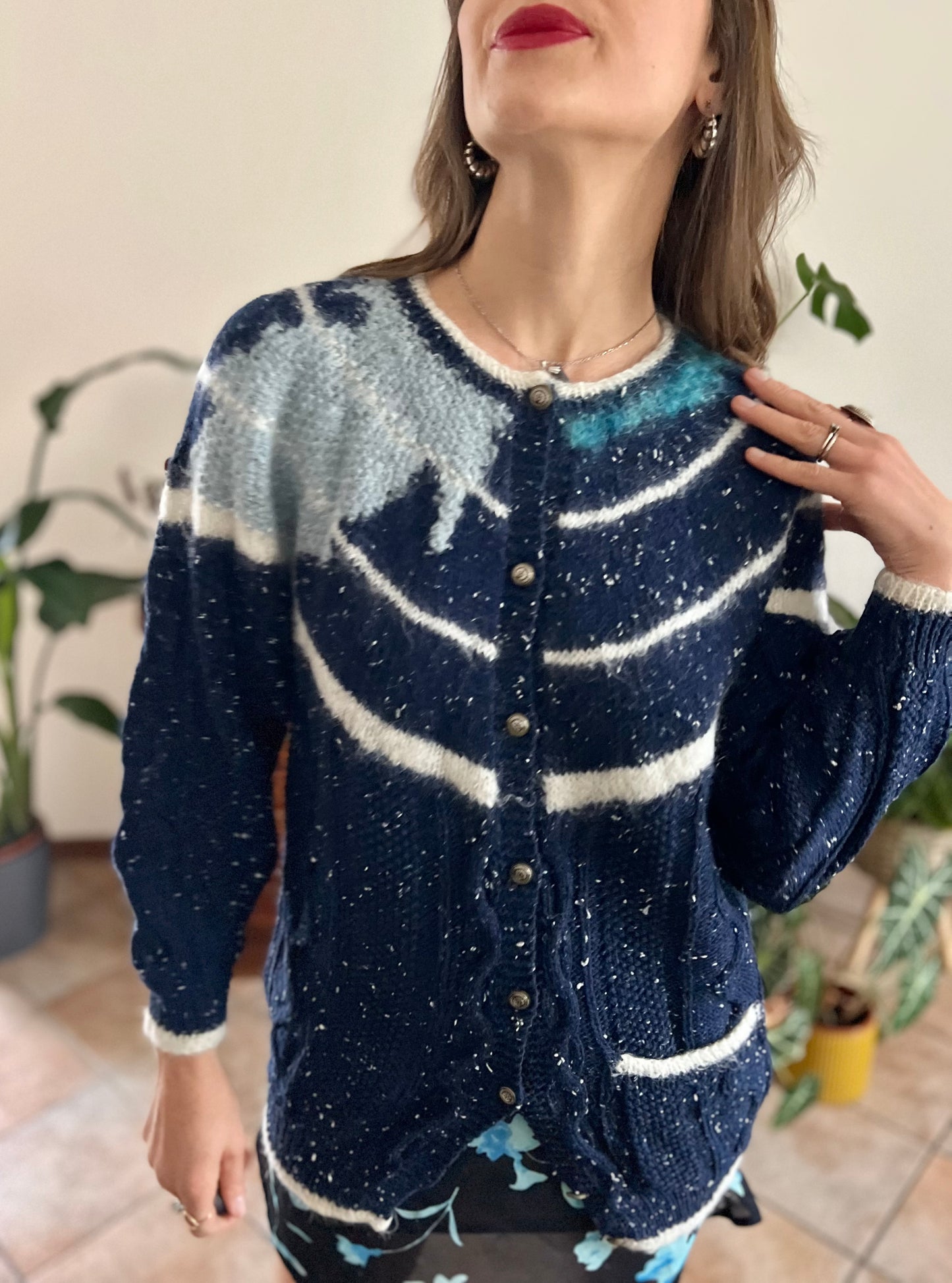 1970's vintage navy blue and cream speckled hand knit cardigan with turquoise asymmetric design