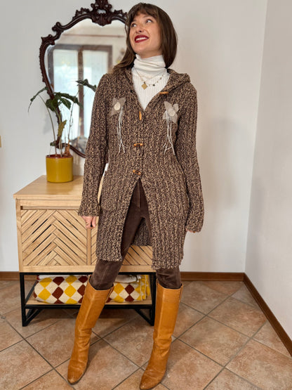 Y2K vintage chocolate brown and tan knit duster cardigan with suede flower details