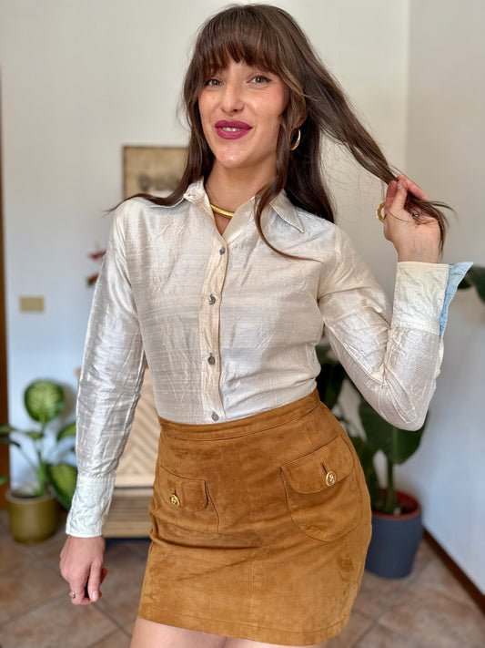 1990’s vintage cream raw silk textured blouse with mother of pearl buttons