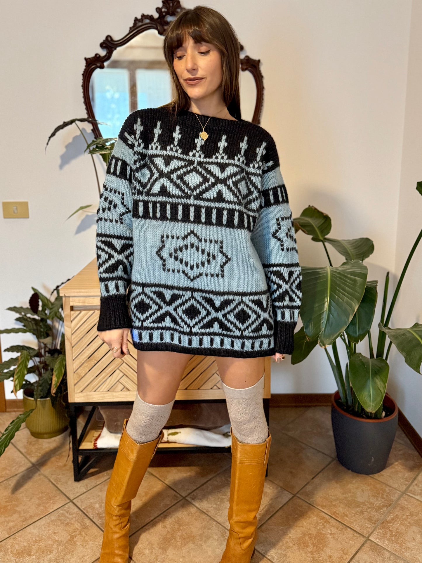 1970's vintage hand knit charcoal grey and light blue geometric pullover