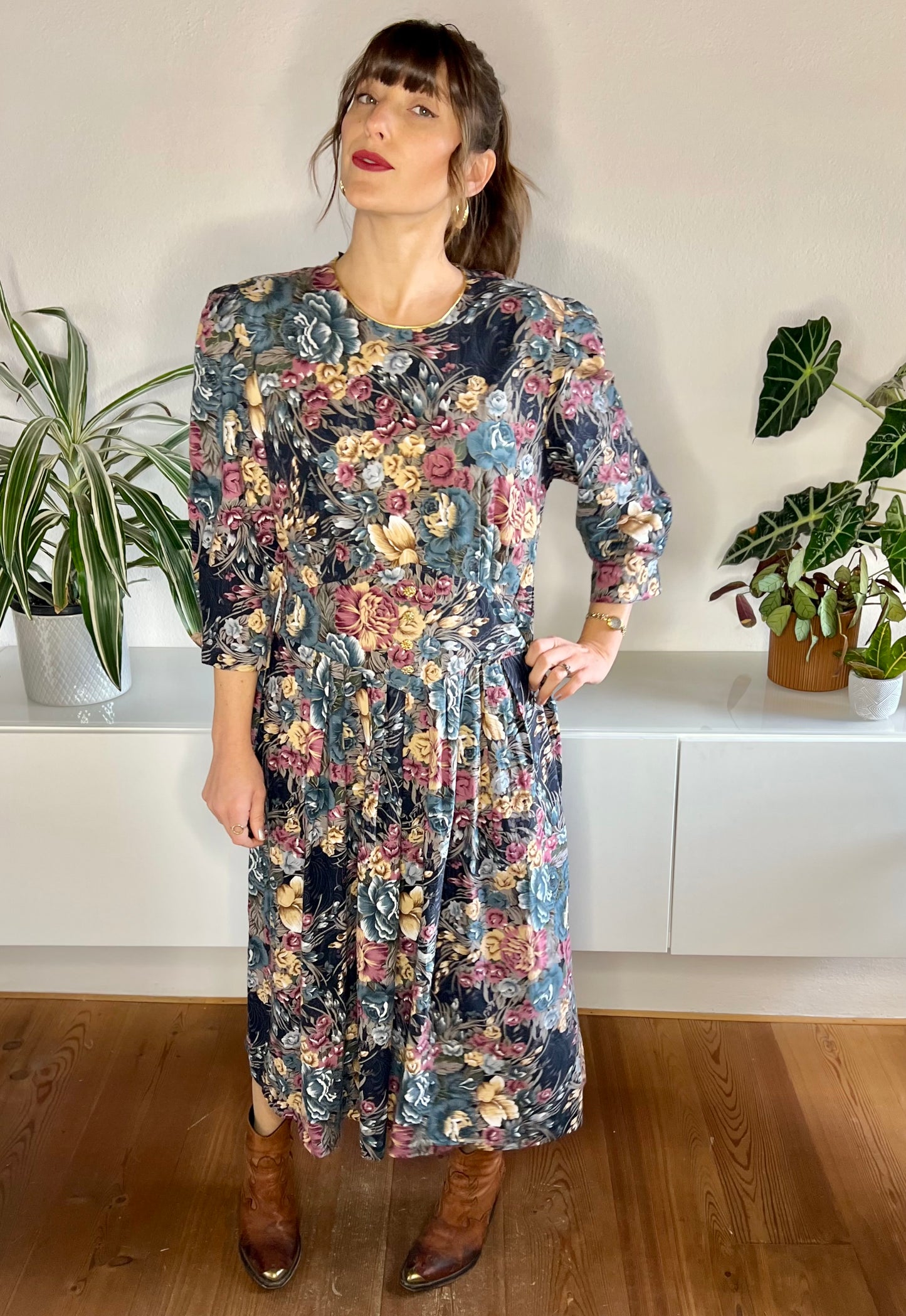 1970's vintage blue and rose coloured floral maxi dress