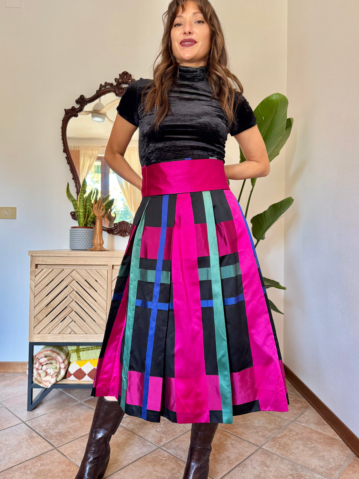1970’s vintage black, fuchsia,green and blue plaid satin midi skirt