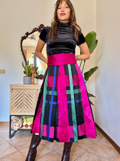 1970’s vintage black, fuchsia,green and blue plaid satin midi skirt