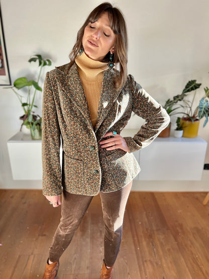 1970's vintage khaki velvet blazer with pink and cream floral print