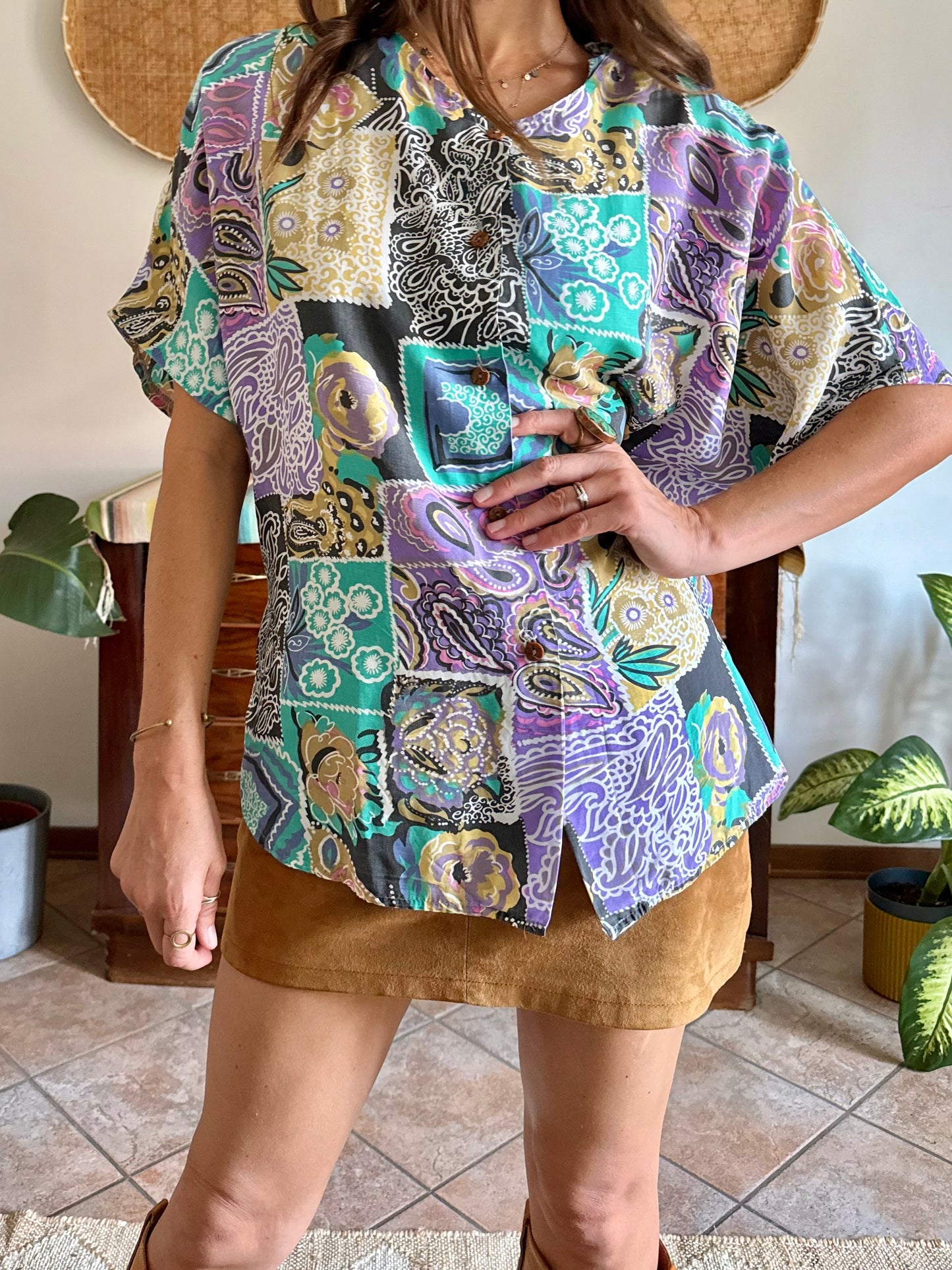 1990’s vintage lilac, turquoise and tan patchwork floral print blouse