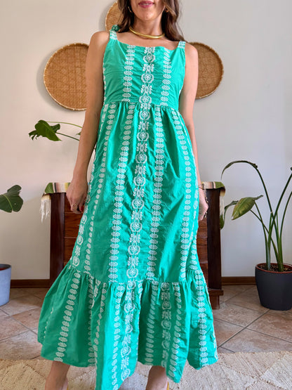 Y2K vintage green prairie maxi dress with white floral embroidery