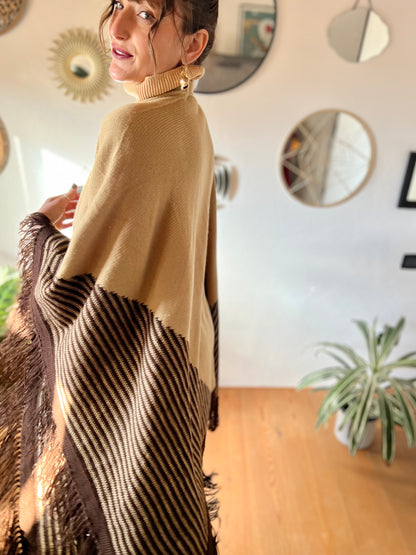 1970's vintage hand knit tan and chocolate brown geometric knit poncho with fringe detail