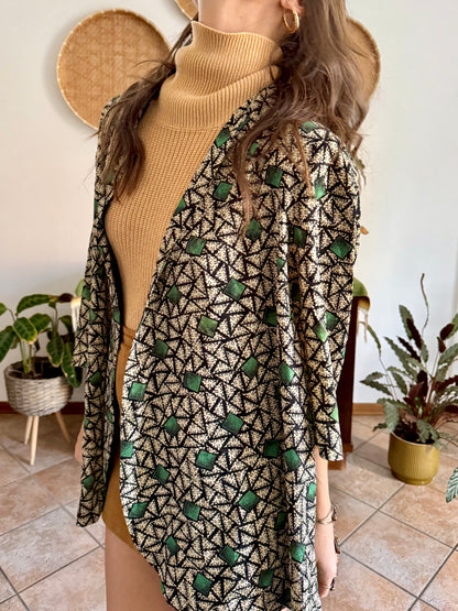 1970's vintage tan, black and green geometric print satin jacket