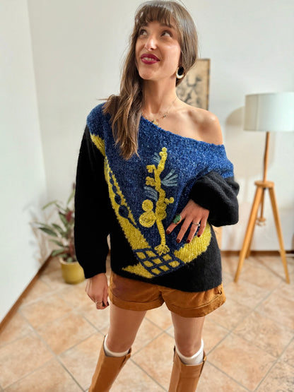 1980’s vintage blue, black and citron textured metallic pullover
