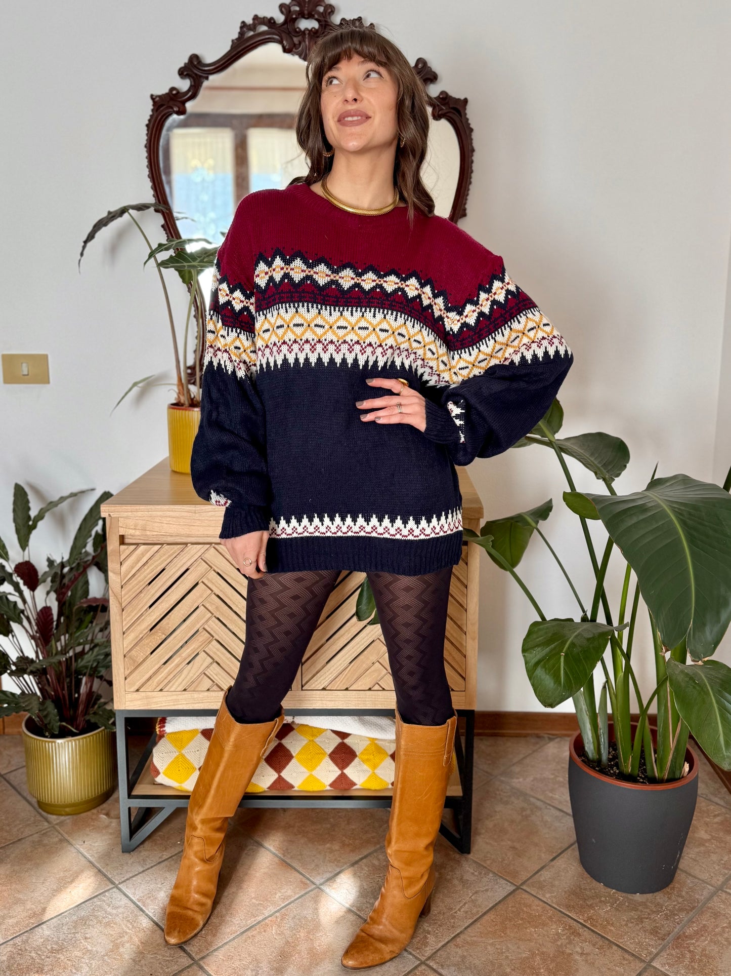 1980's vintage burgundy, navy and mustard yellow knit pullover dress