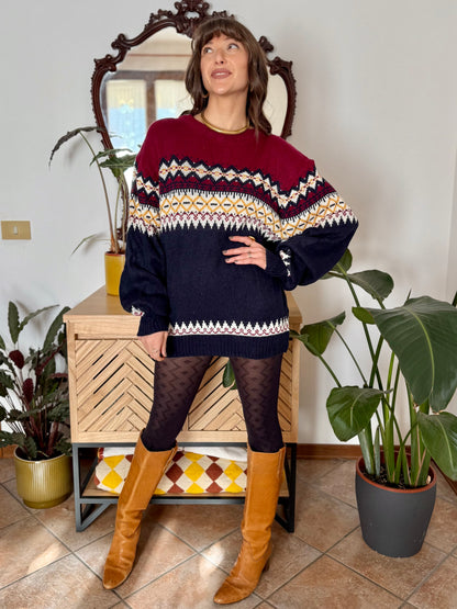 1980's vintage burgundy, navy and mustard yellow knit pullover dress