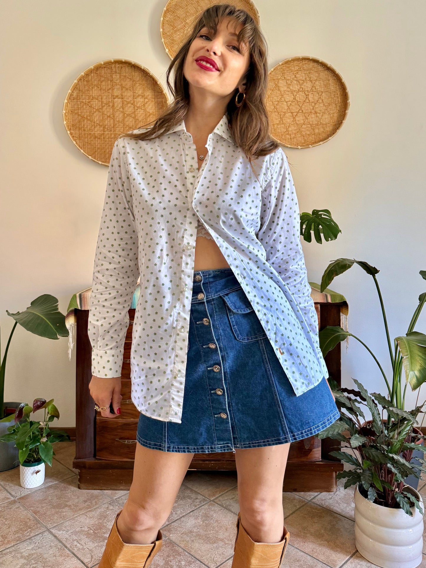 1990’s vintage white woven cotton shirt with green and beige floral design