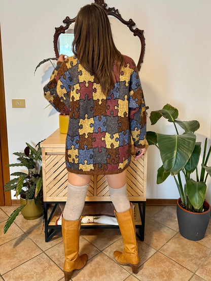 1970's vintage chocolate brown, yellow, blue and burgundy puzzle pattern knit wool pullover