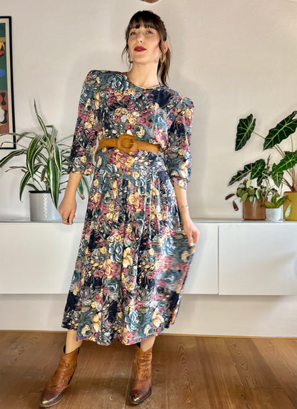 1970's vintage blue and rose coloured floral maxi dress