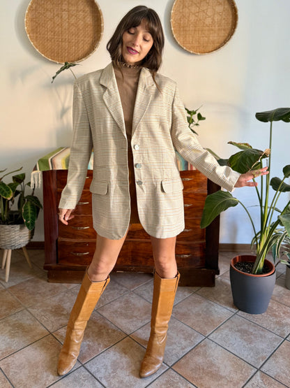 1970’s vintage wool cream, grey and tan plaid wool blazer with oversize mother of pearl buttons