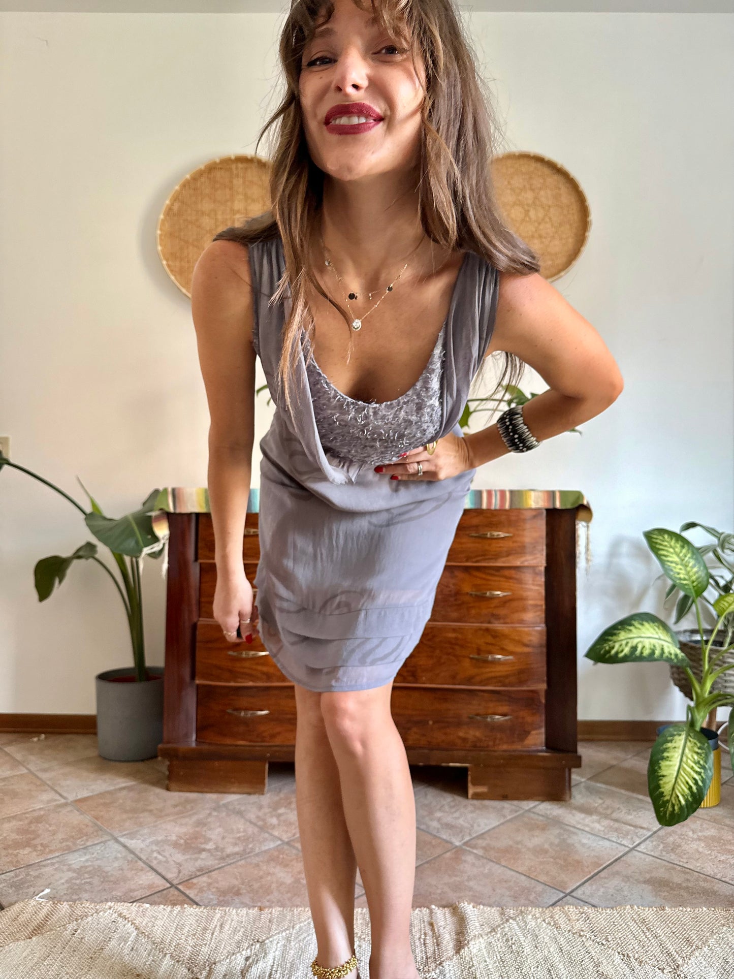 1990’s vintage grey silk mini slip dress with geometric pattern and silver textured details