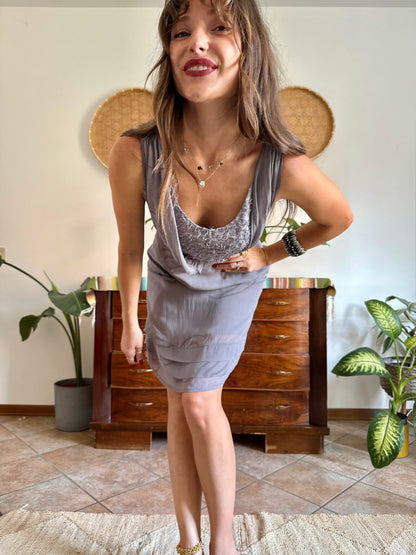 1990’s vintage grey silk mini slip dress with geometric pattern and silver textured details