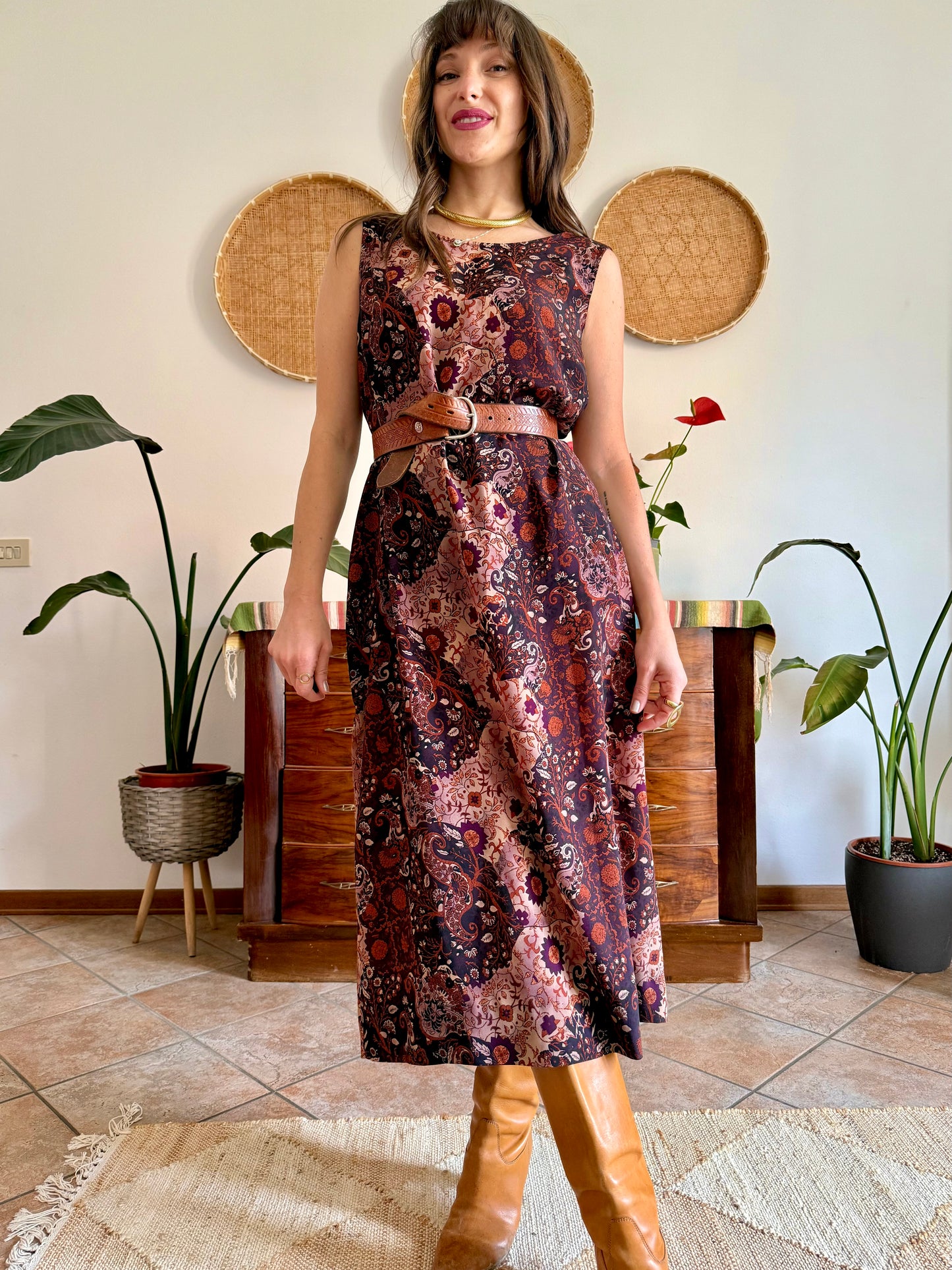 1990’s vintage burgundy, pink and orange floral paisley print maxi dress