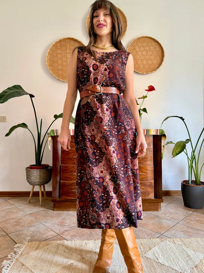 1990’s vintage burgundy, pink and orange floral paisley print maxi dress