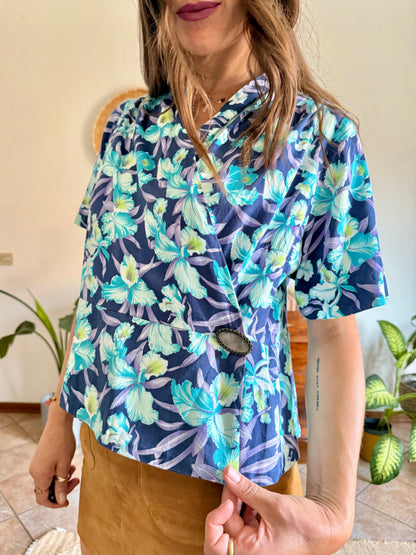 1970’s vintage turquoise, blue and lilac floral print blouse with mother of pearl broach closure