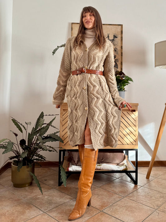 1970's vintage beige and cream chevron knit wool button down midi dress