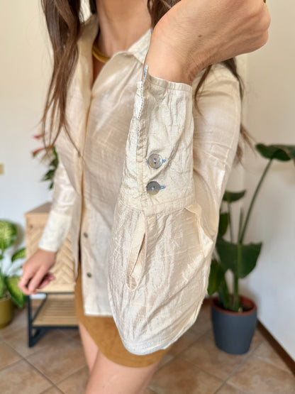 1990’s vintage cream raw silk textured blouse with mother of pearl buttons