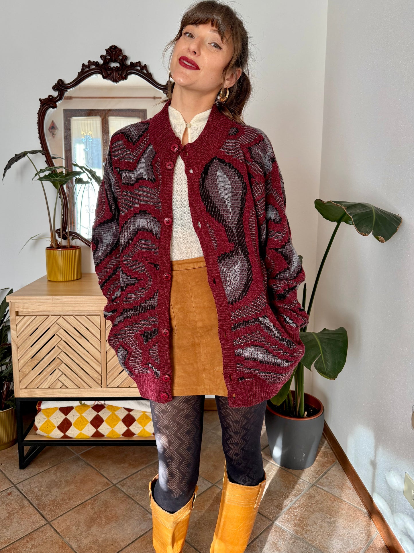 1970’s vintage burgundy, grey and black knit dress