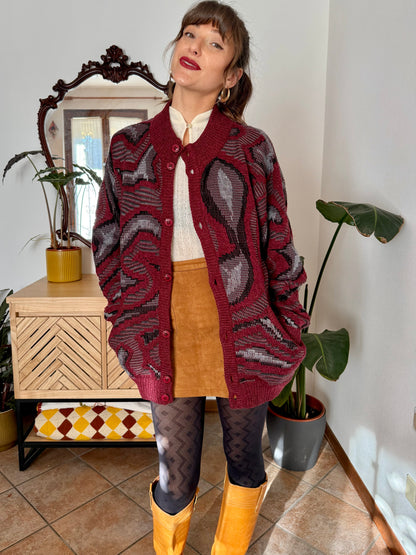 1970’s vintage burgundy, grey and black knit dress