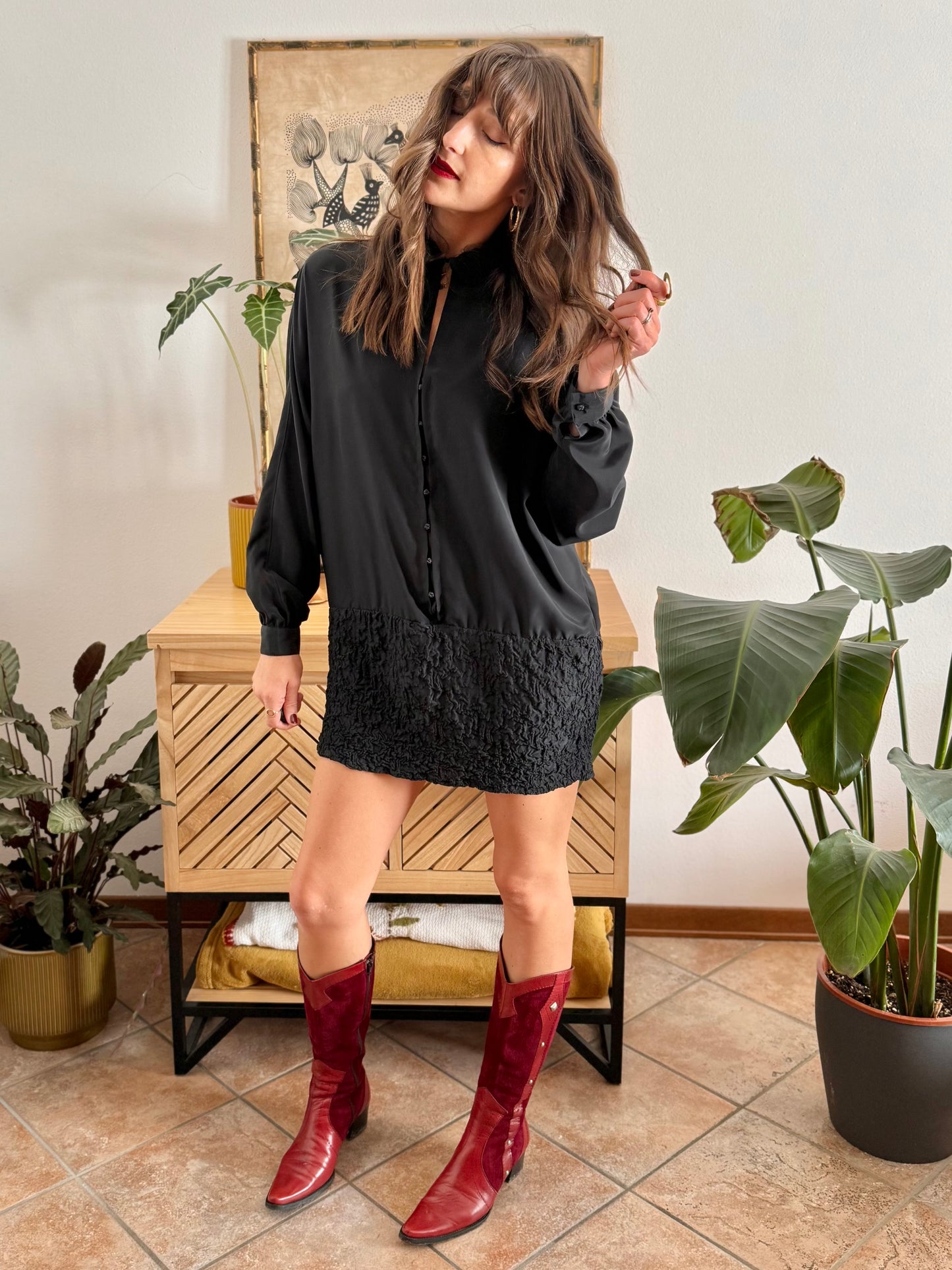 1960’s vintage rouched bottom black satin mini dress