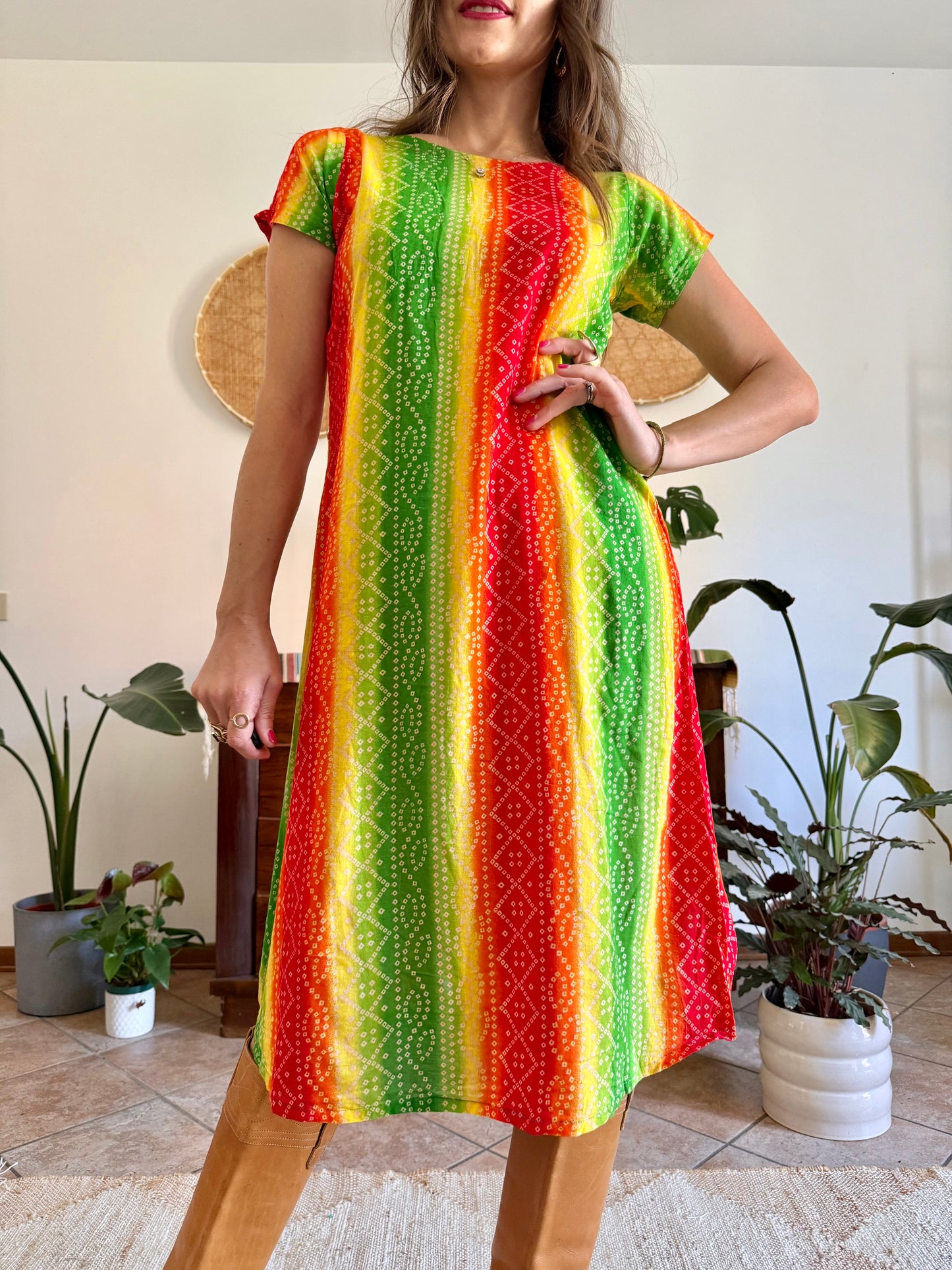 1970’s vintage multicolour tie die effect midi dress