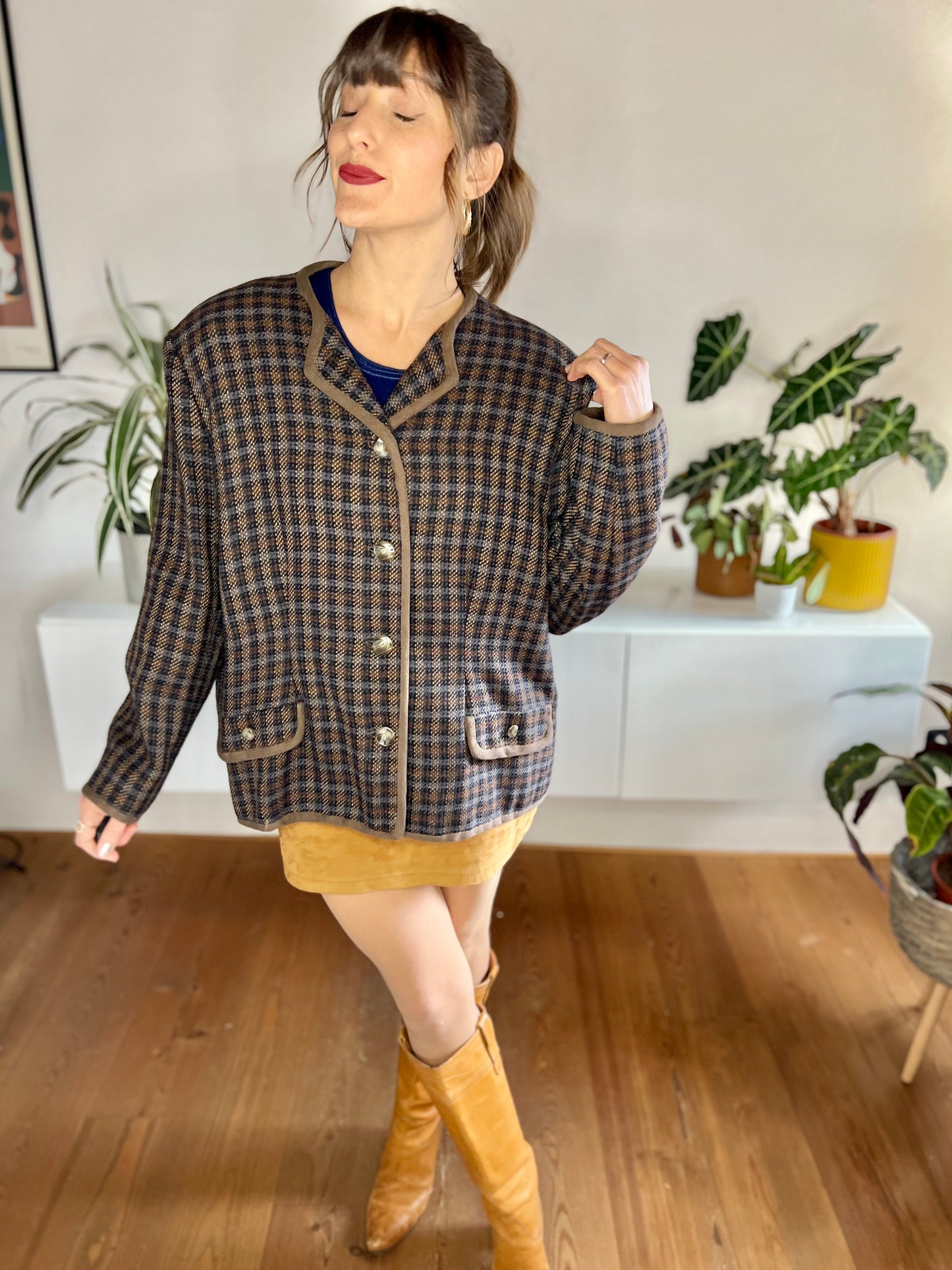 1970's vintage brown and blue oversize plaid wool blazer