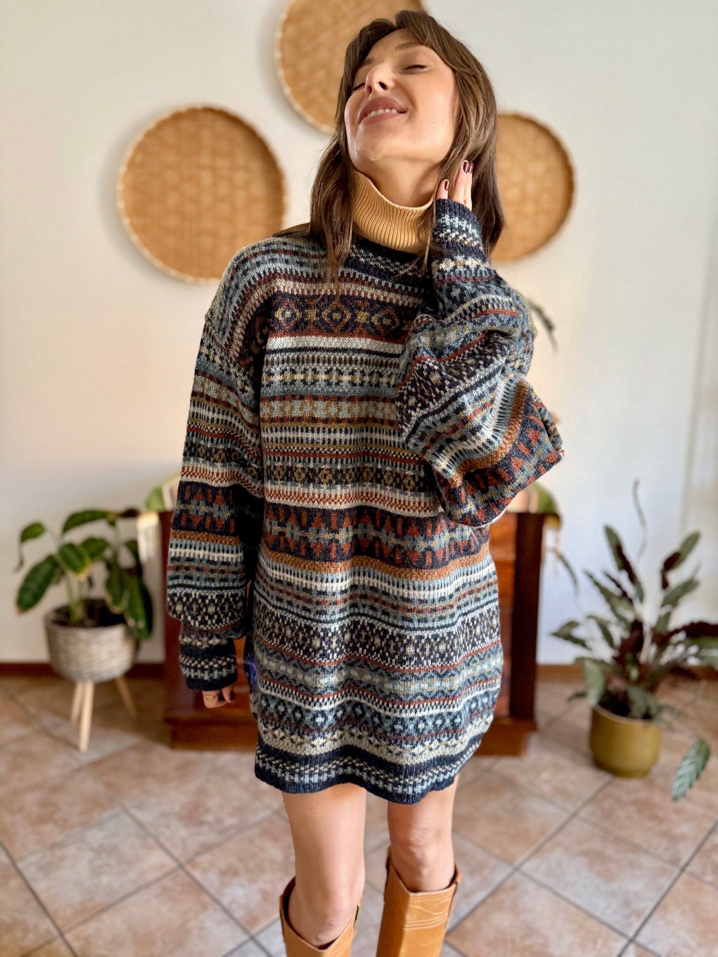 1990's vintage wool chocolate brown, navy and light blue geometric stripe knit sweater dress