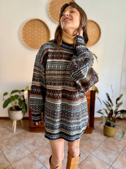 1990's vintage wool chocolate brown, navy and light blue geometric stripe knit sweater dress