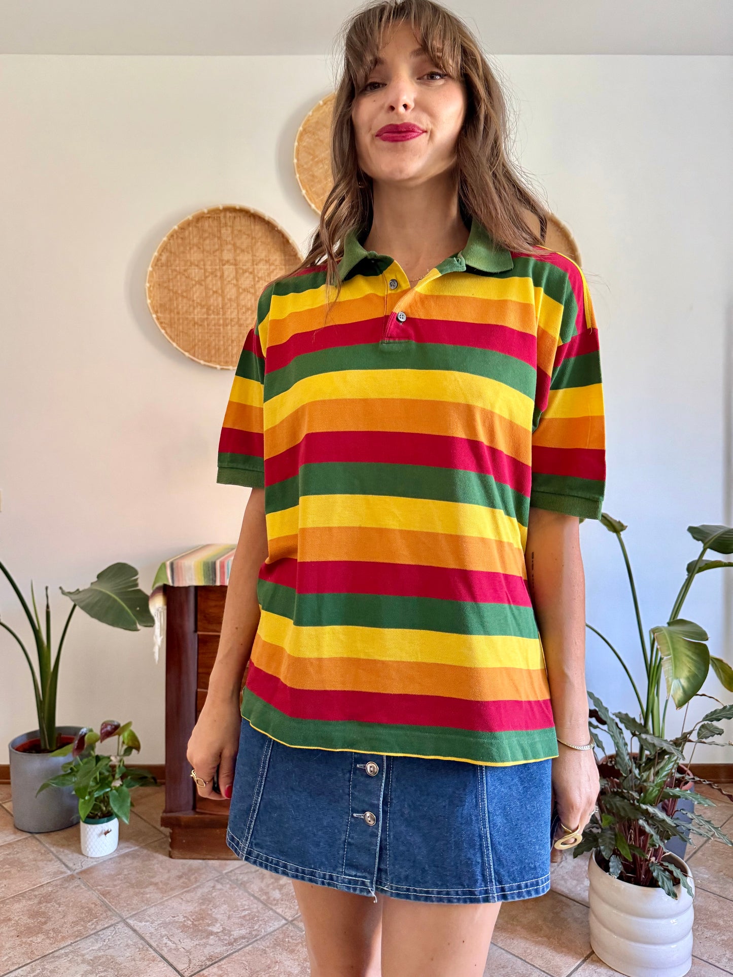 1990’s vintage red, yellow and green stripe polo