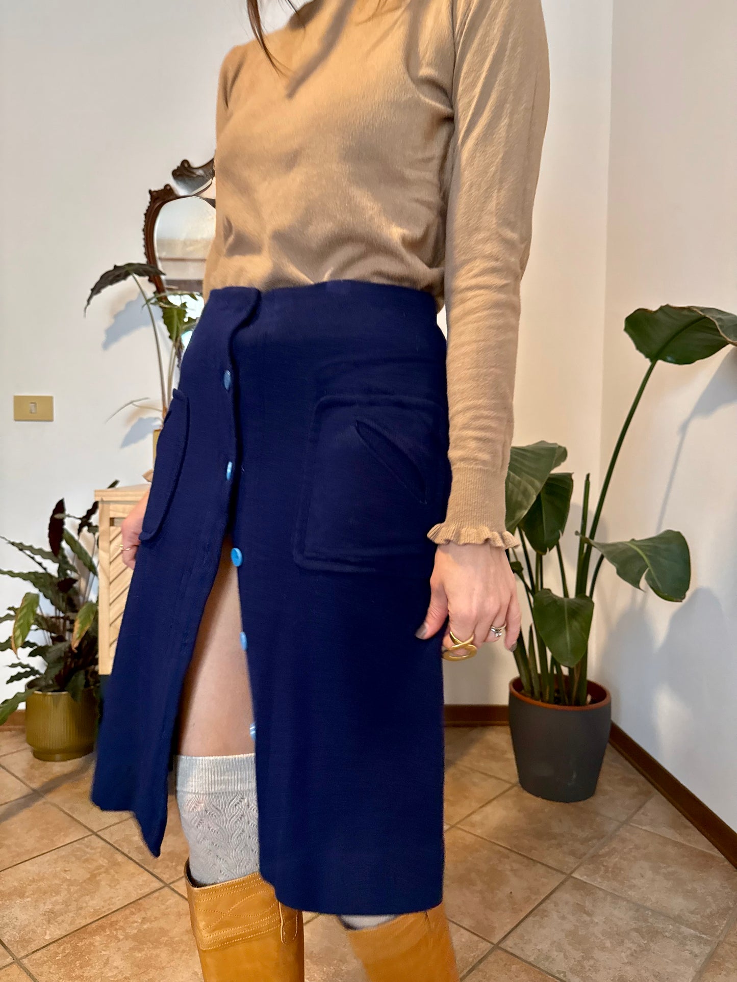 1960's blue knit wool midi skirt with light blue button details