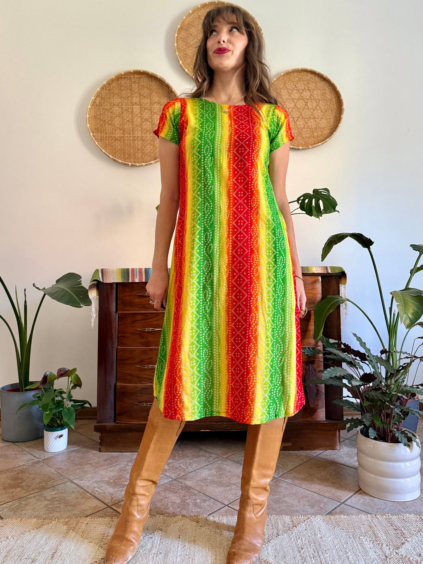 1970’s vintage multicolour tie die effect midi dress