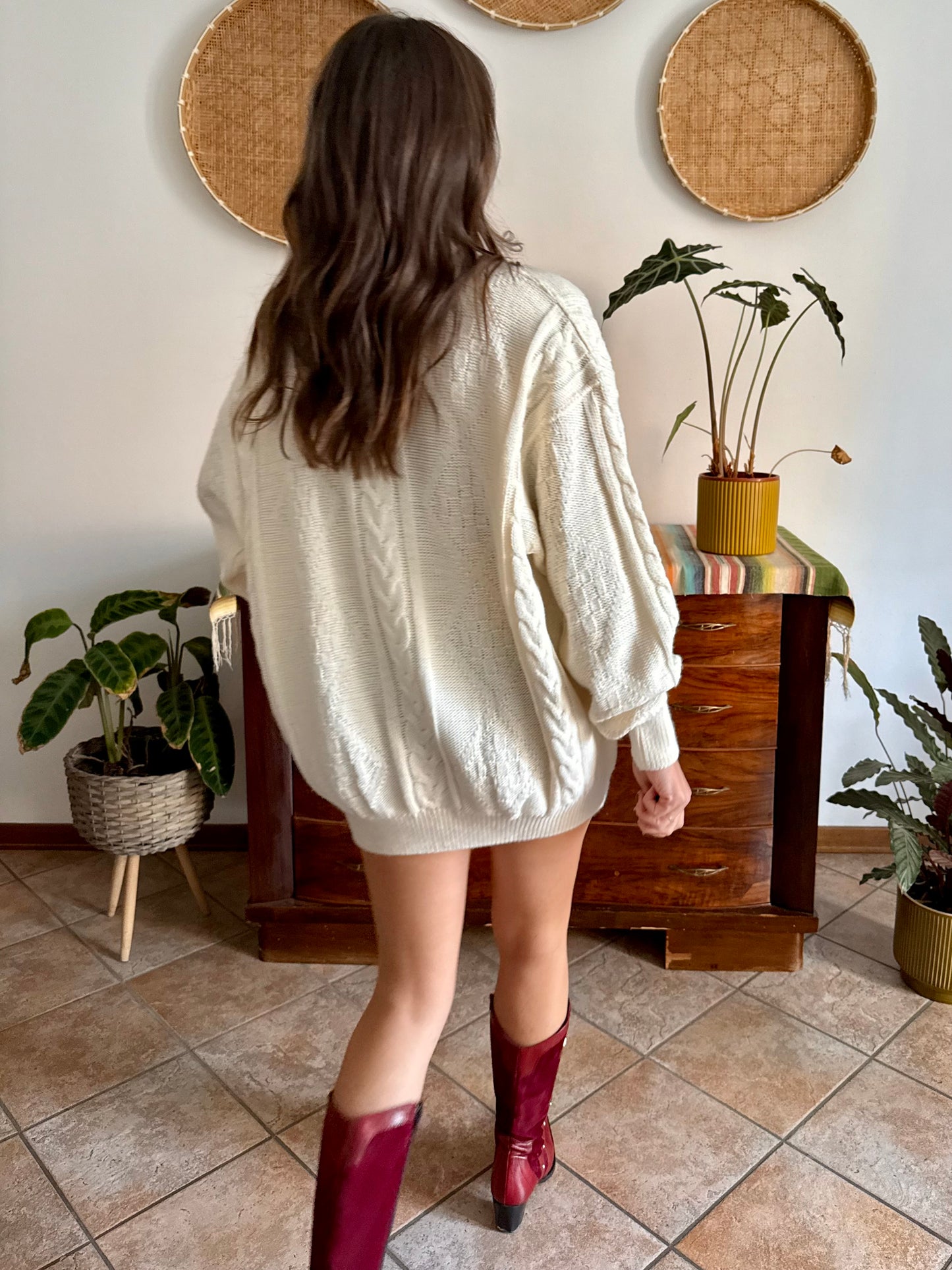 1970's vintage oversize cream wool blend cable knit Fisherman's pullover