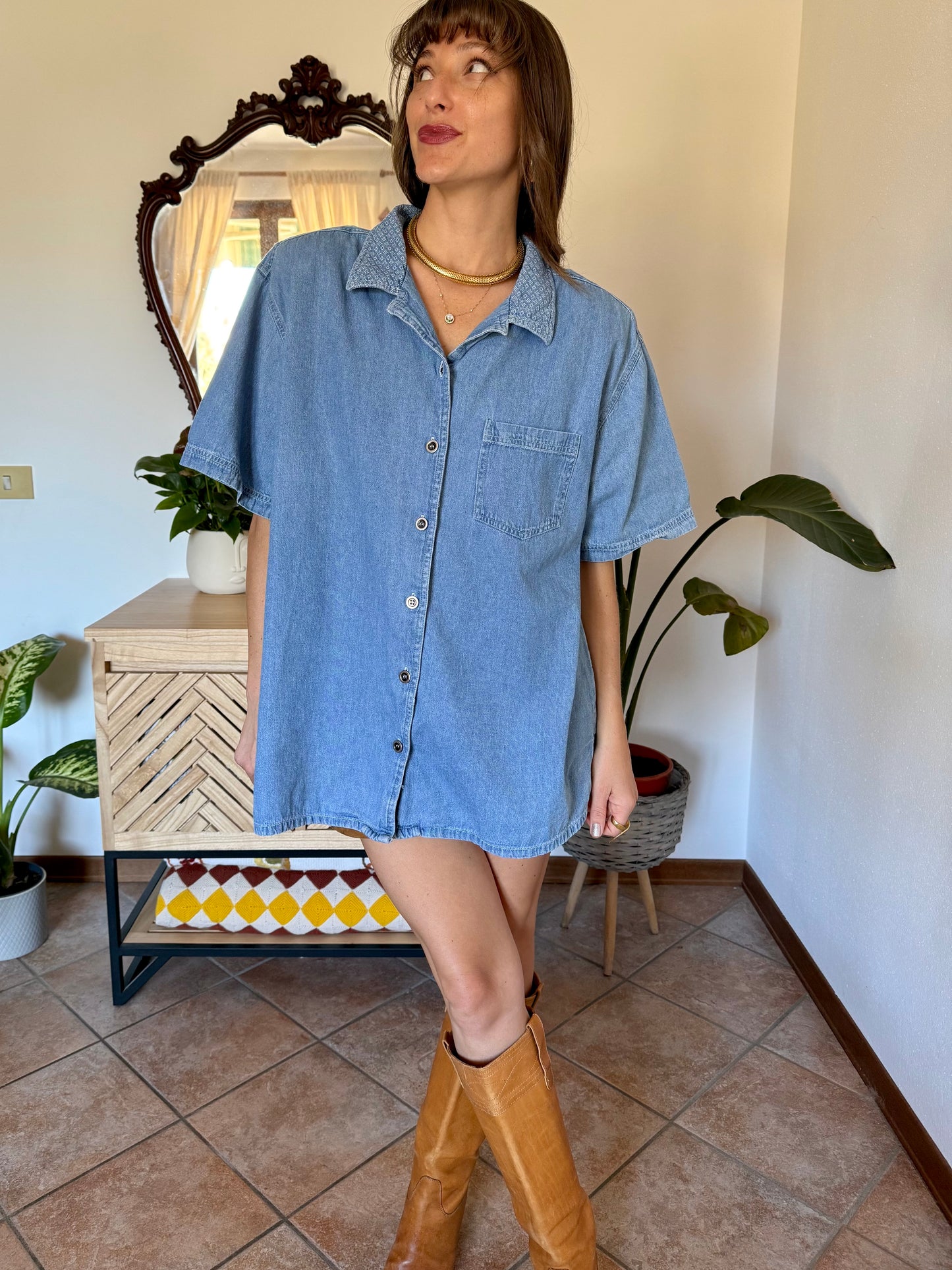 1990’s vintage light was denim shirt with geometric woven collar detailing