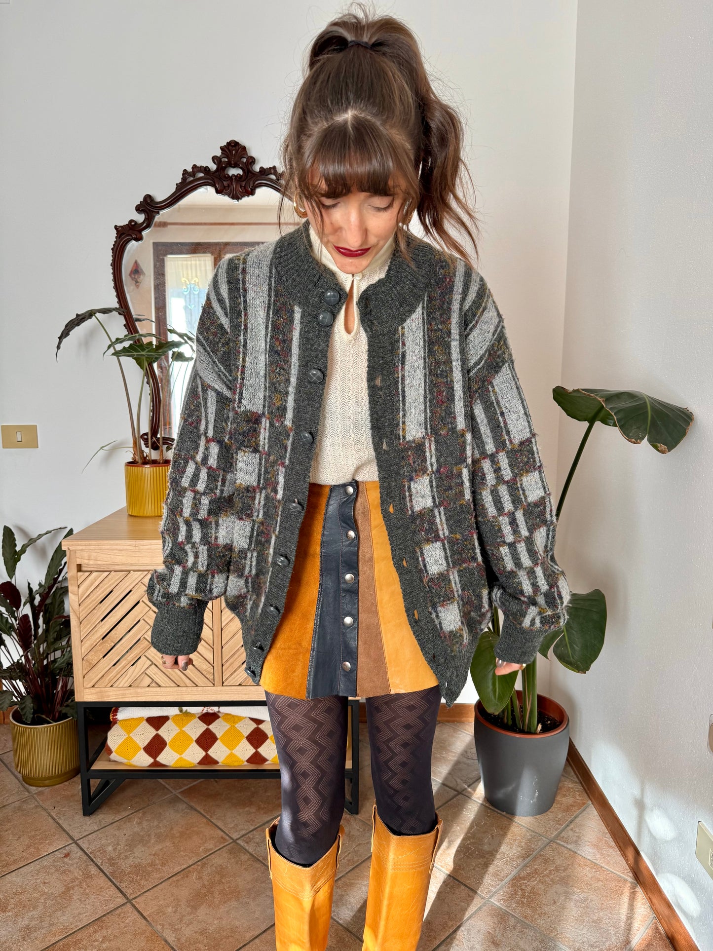 1970’s vintage grey cardigan with burgundy and yellow knit geometric pattern