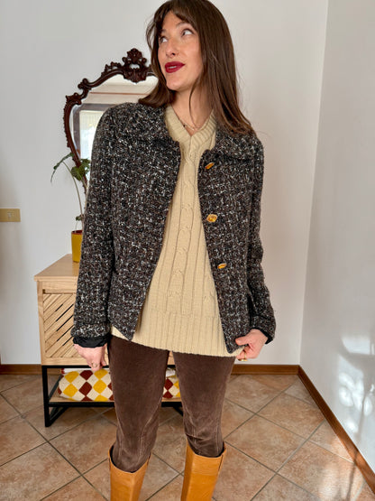 1990’s vintage black, khaki and cream boucle wool with gold and yellow glass buttons