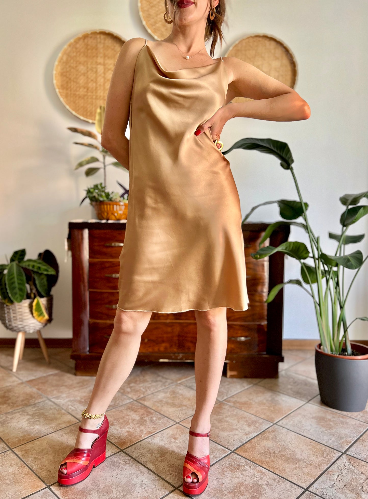 1990's vintage tan satin slip midi dress with cowl neck