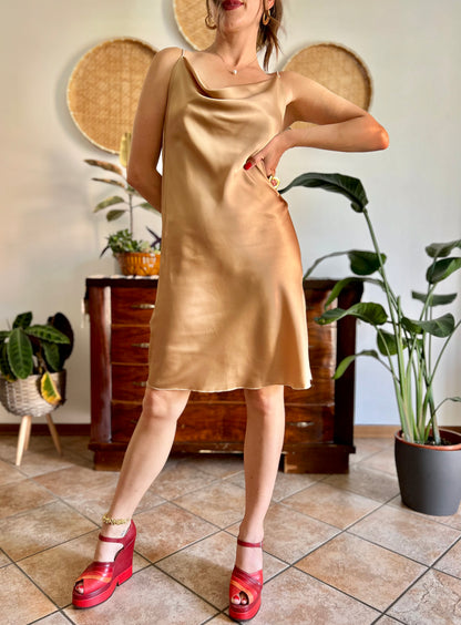 1990's vintage tan satin slip midi dress with cowl neck